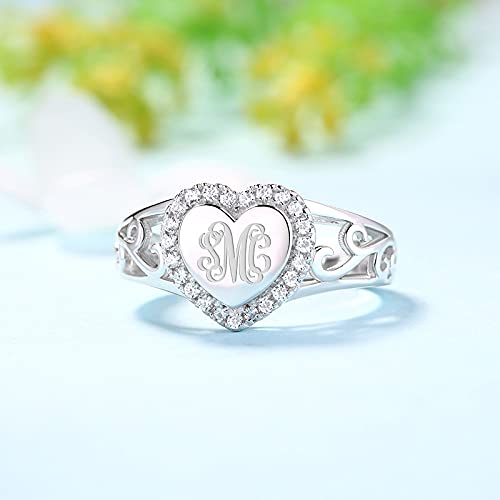 AILIN Custom Classic Heart Monogram Ring 925 Sterling Silver Personalized Engraving initials Rings Graduation Christmas Wedding Anniversary Mother’s Day Jewelry Gifts For Women Sister Wife Daughter2