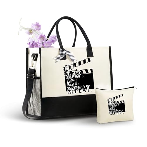 Image of InnoBeta Theater Gifts for Women, Eat Sleep Act Repeat, Canvas Tote Bag for Actress, Daughters, Friends, Coworkers, Bag with Top Zipper Closure and Shoulder Strap for Birthday