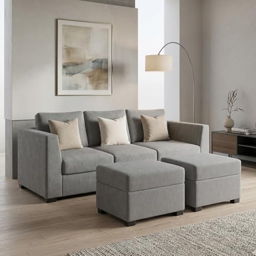 Image of FURNY Revona 5 Seater L Shape Sofa Set with 2 Movable Ottoman | Flexible Left or Right Layout | Plush Velvet Fabric (Light Grey) | Perfect for Living Room, Guest Room & Office