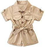 Happy Cherry Toddler Girl Summer Clothes Short Sleeve Button Shorts Overall with Belt Jumpsuits Rompers Khaki 4-5 Years
