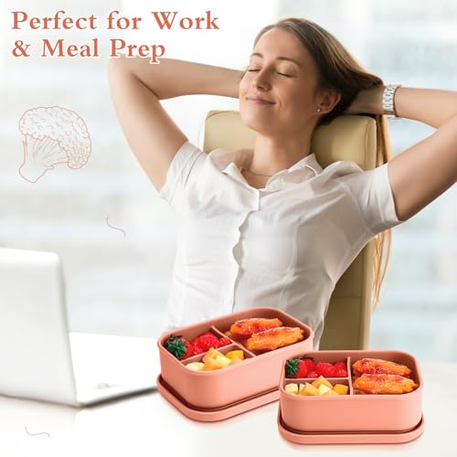 Image of Honeydak 4 Pcs Silicone Bento Box, 3 Compartment Lunch Food Container for Women Men, Leak Proof Microwave Easy to Clean Dishwasher Freezer Safe (Orange)