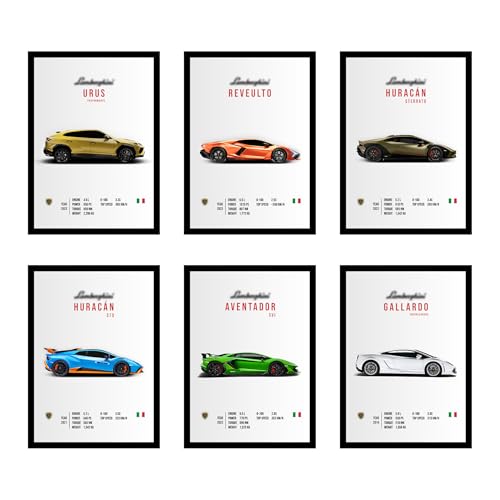 Image of CodersParadise Lamborghini Wall Poster Frames - Pack Of 6 | 8 x 12cm (A4 Size) | Aesthetic Artwork Framed Posters | Framed Posters For Living Room, Bedroom, Home And Office