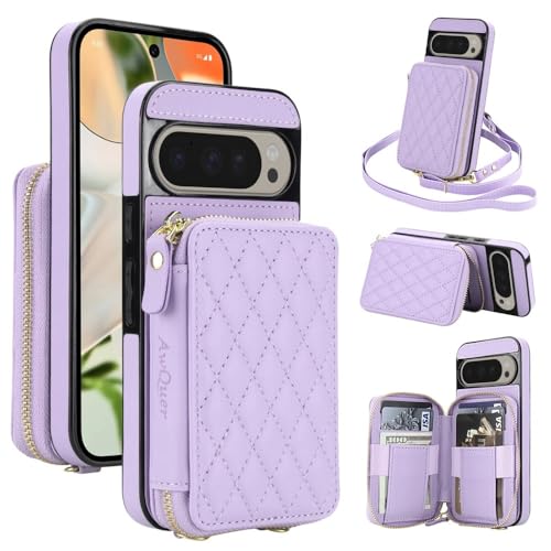 Étui Google Pixel 9 5G violet clair avec portefeuille zippé motif grille