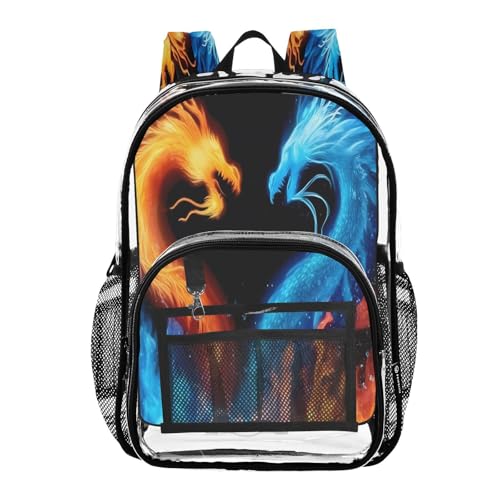 Blue Fire Dragon Clear Backpack Heavy Duty See Through Transparent PVC BookBag for Kids Boy Girl School Work