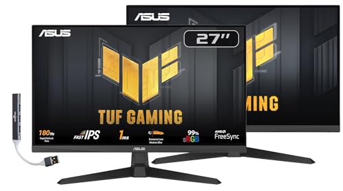 Image of ASUS TUF Gaming 27 inch FHD IPS Monitor with 1ms Response Time, 180Hz Refresh Rate, Anti Glare, Flicker Free, VESA Mount (100mm), Displayport, HDMI & Dockztorm USB Port Expander, Black (VG279Q3A) 2 Pack