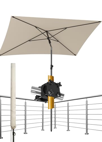 4smile Sonnenschirm Balkon SunnyShade 3-in-1 SET in Beige - UPF 50+ Sonnenschirm rechteckig 200 x 125 cm + Sonnenschirmhalter Balkongeländer + Sonnenschirmhülle