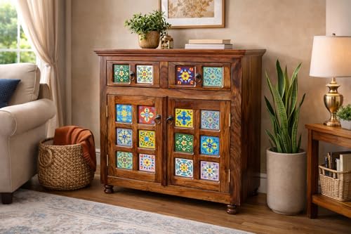 Solid Sheesham Wood Sideboard Cabinet with Two Drawers and Two Do...