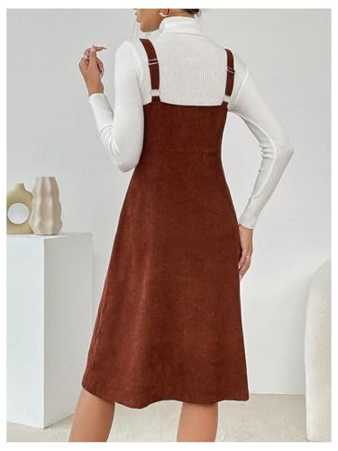 Milumia Women's Corduroy Button Up V Neck Pocket Midi Pinafore Overall Dress3