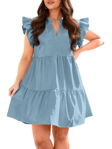 Image of Fisoew Plus Size Dresses for Women Summer Ruffle Short Sleeve V Neck Dress Tiered Swing A Line Babydoll Mini Dress