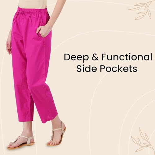 Image of Happy Bunny Parallel Pants for Women 100% Cotton Ankle Length Trousers Regular Fit with Elastic Drawstring Stylish & Pockets Casual Formal Wear for Office & Home