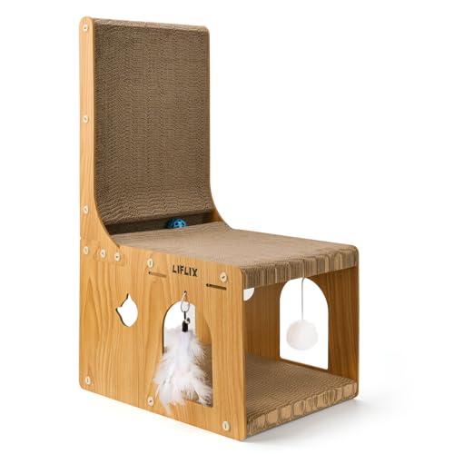 LIFLIX L-förmiges Doppelschicht Kratzbrett für Katzen, 67cm Kratzpappe mit Katzenhaus zum Kratzen Verstecken und Spielen, Kratzbrett mit...