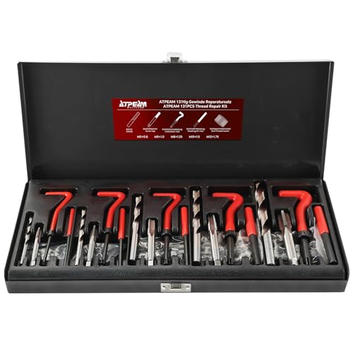 ATPEAM Kit de Réparation de Filetage 131 Pièces, Set Helicoil Universel M5 M6 M8 M10 M12 pour Voiture et Moteur (Noir)