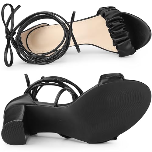 Allegra K Allegra K Women's Lace Up Ruched Strap Chunky Heels Black Strappy Sandals 9 M US
