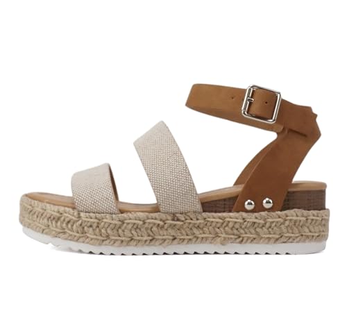 Image of Soda BRYCE-2 Kids /Children /Girls Open Toe Two Bands Espadrille Jute Platform Wedge Casual Fashion Flatform Sandals with Buckle Ankle Strap