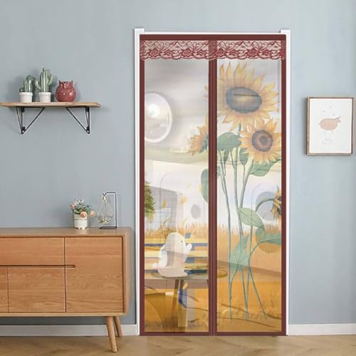Image of Sun Flower Mosquito Net for Door Polyester Magnetic Curtain Auto Closing Insect Screen for All Door Types & Sizes with Self Adhesive Hook Tape (210 * 100cm)
