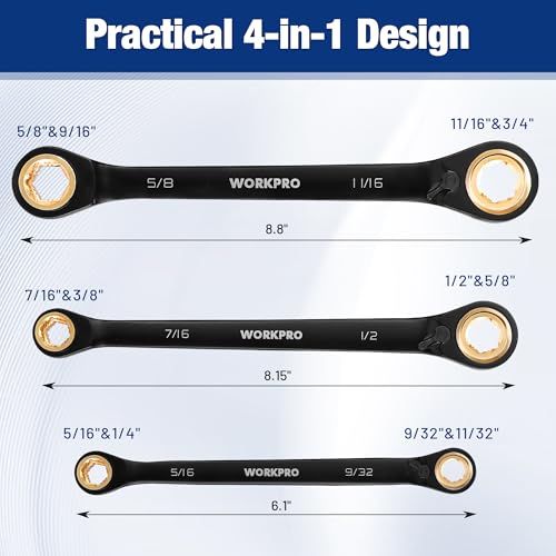 Image of WORKPRO 3 PCS 4-in-1 Reversible Ratcheting Wrench Set, SAE, Double Box End