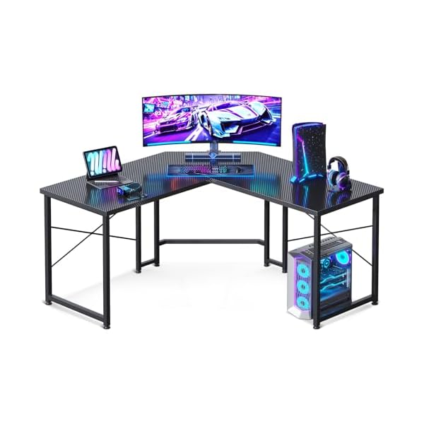 Casaottima 51 Inch L Shaped Gaming Desk, Compact Corner Computer Table, Writing Workstation for Small Spaces, Home Office & Streaming Setup, Easy Assembly, Carbon Fiber Surface, Pure Black