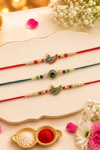 Image of maalpani Stylish Peacock Design Rakhi Set for Brother (Set of 3) | Designer Rakhi for Brother Men Boy Bhaiya, Rakshabandhan Rakhis | Roli Chawal | Raksha Bandhan