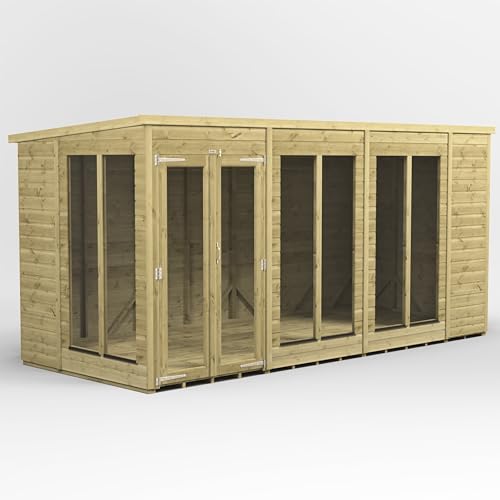 Image of Powersheds High Grade Pressure Treated Pent Wooden Summerhouse with Fully Glazed Double Doors and Windows, Security Features, Heavy Duty Frame, Galvanised Ironmongery, Extra Thick Timber (14x6)