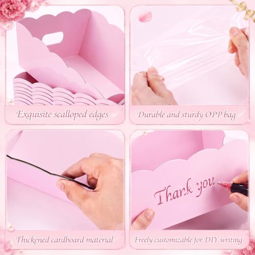 Image of Fuyoooo 8 Pack Pink Basket for Gifts Empty to Fill, 10 inch x 8 inch Thick Sturdy Kraft Scalloped Edge Gift Basket with Handle, 8 Wrap Bag 8 Bow 16 Tissue Paper for Christmas Wedding Birthday Wrapping Gift