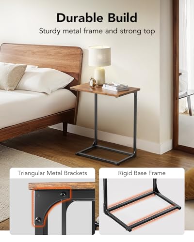 Pipishell C-Shaped Side Table, C Table for Sofa with Two-Piece Desktop & Metal Frame, Large Surface End Table for Living Room, Bedroom, Bedside, Rustic Design