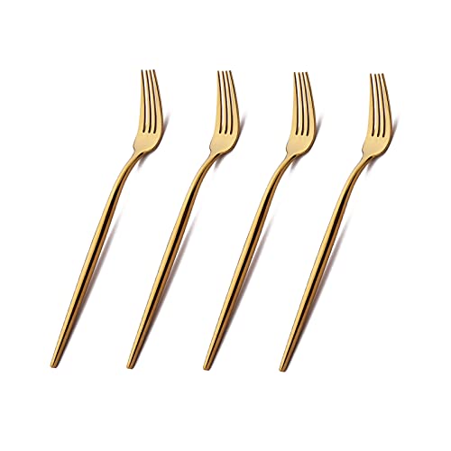 Snplowum 4pcs Classic Gold Salad Fork Set, 18/10 Stainless Steel Kitchen Utensils, Elegant Design Table Flatware Mirror Polish, 7.28 inch, 1.41oz