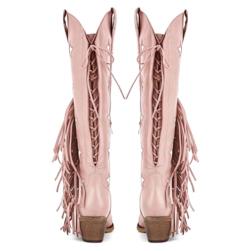 Image of richealnini Western Thigh High Cowboy Boots with Fringe Over Knee Wide Calf Cowgirl Boots