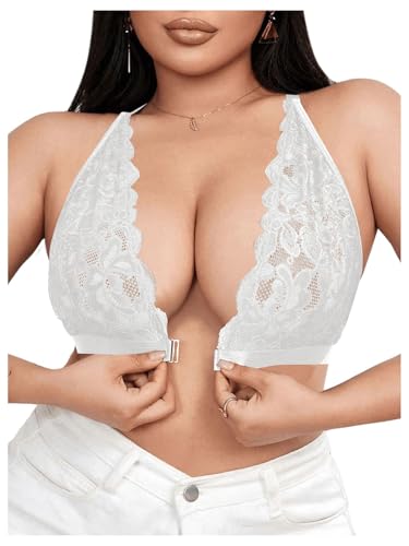 Image of MakeMeChic Women's Plus Size Lace Bralette Front Closure Bras Wireless Deep V Triangle Sexy Lace Bra