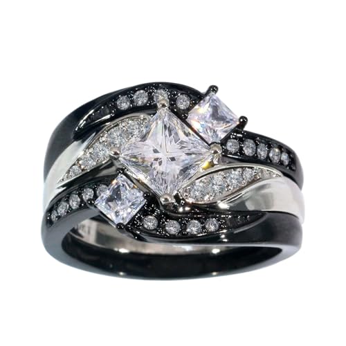 Ringcrown Women's Wedding Ring Sets Black Gold Plated Three Stone 1.5CT Square AAA CZ Ring for Women