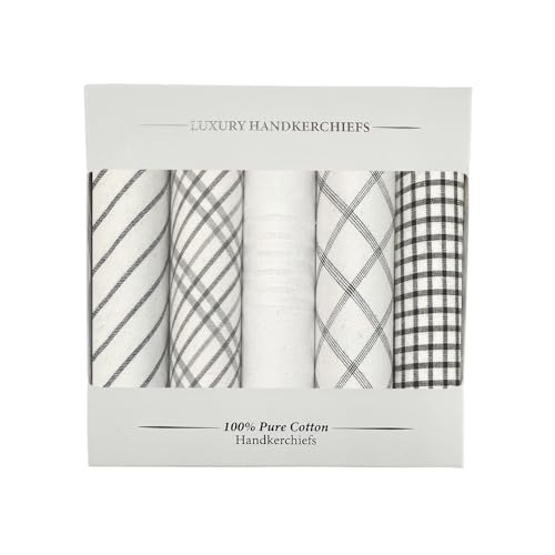 Image of 5 Pack Handkerchief Mens Cotton Luxury Hot Silver Gift Box Set, Vintage 40x40cm Fancy Design Pocket Square Hankie Gift Pack