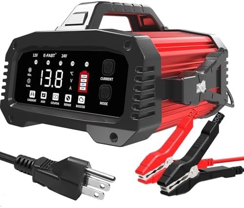 E-FAST 25A Battery Charger, 12/24V All in One Lifepo4 Lead Acid Car Battery Charger, Automotive Jump Starter, Upgraded Trickle Charger, Battery Maintainer for Car Truck Motorcycle Lawn Mower Boat