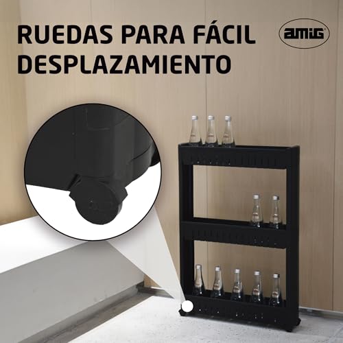 Miniatura 6 de Amig - Carrito De Almacenamiento Estrecho Con Ruedas Böken - Color Negro - 54 X 12 X 78 Cm - Carro Auxiliar De Almacenamiento - Almacenaje De Baño De 3 Niveles