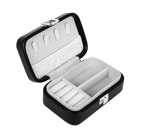 Image of BucketList PU Leather Jewellery Organizer Box with Ring Slots & Necklace Hooks | Compact Jewelry Storage Case with Secure Lock (Travel Jewellery Box Rectangular (Black))