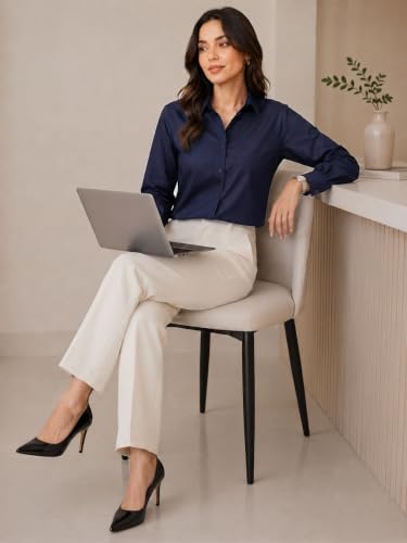 Image of OOMPH! Women's Cotton Solid Relaxed Fit Formal Shirt | Full Sleeve Drop Shoulder Button-Down Office Shirt | Spread Collar Workwear & Smart Casual Top