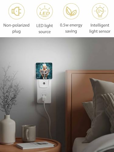 Image of Night Light Plug in LED Lamp Automatic Sensor Night Lights Plug into Wall Funny Dog Golden Retriever Sitting on The Toilet Reading Newspaper Bathroom Bedroom Hallway Bright Decor Dim Night-Lights