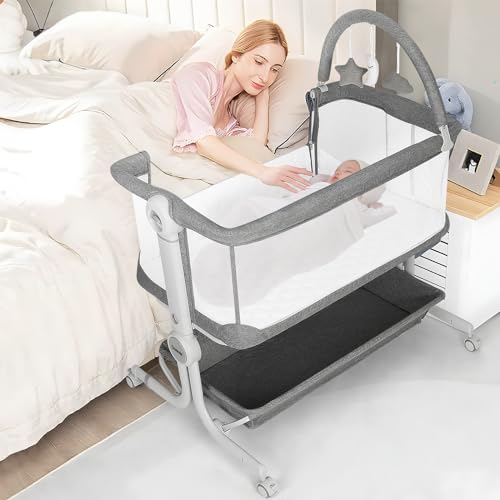 Image of Cowiewie Baby Bassinet 4-Sided Mesh Bedside Sleeper with Wheels for Infant/Newborn Foldable Adjustable Height Portable Bedside Crib(Grey) | Breathable Mesh