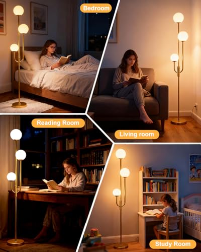Image of Lightdot 66IN Gold Globe Floor Lamp 3-Lights Vintage Gold Dimmble Floor Lamps with Bulbs Included for Wedding Party Modern Tall Standing Lamp with 5Lbs Heavy Base for Living Room /Bedroom /Sofa Beside