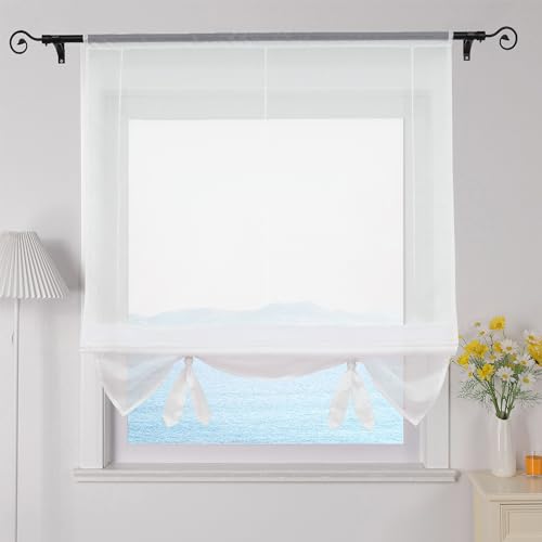 ESLIR Roman Blind Living Room Roman Blind Drawstring Curtains Kitchen Transparent Ribbon Roller Blind Curtains Modern Voile White W x H 100 x 155 cm Pack of 1