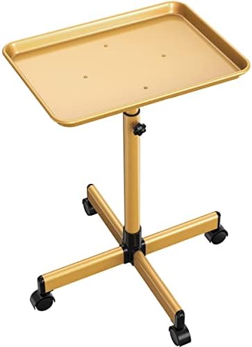 FLOLXNB 沙龙托盘推车,高级铝质纹身托盘,高度可调实用手推车,适用于水疗发型师诊所牙科的滚动储物托盘,金色