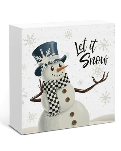 Image of Winter Decor, Snowman Let It Snow Wood Box Sign, Farmhouse Christmas Home Office Decorations for Desk Table Shelf 5 X 5 Inches