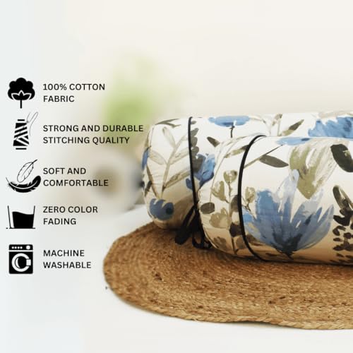 Image of AURAVE Cotton 144 TC Printed Bolster Cover with Drawstring Closure, Set of 2, Soft Breathable Durable Machine Washable for Sofa Bed & Home Decor, 15 inchx30 inch Blue | Cover Only