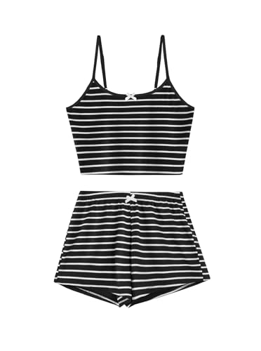 Image of Hilinker Womens Graphic 2 Piece Pajama Set Summer Cute Crop Cami and Shorts Ribbed Lounge Sets