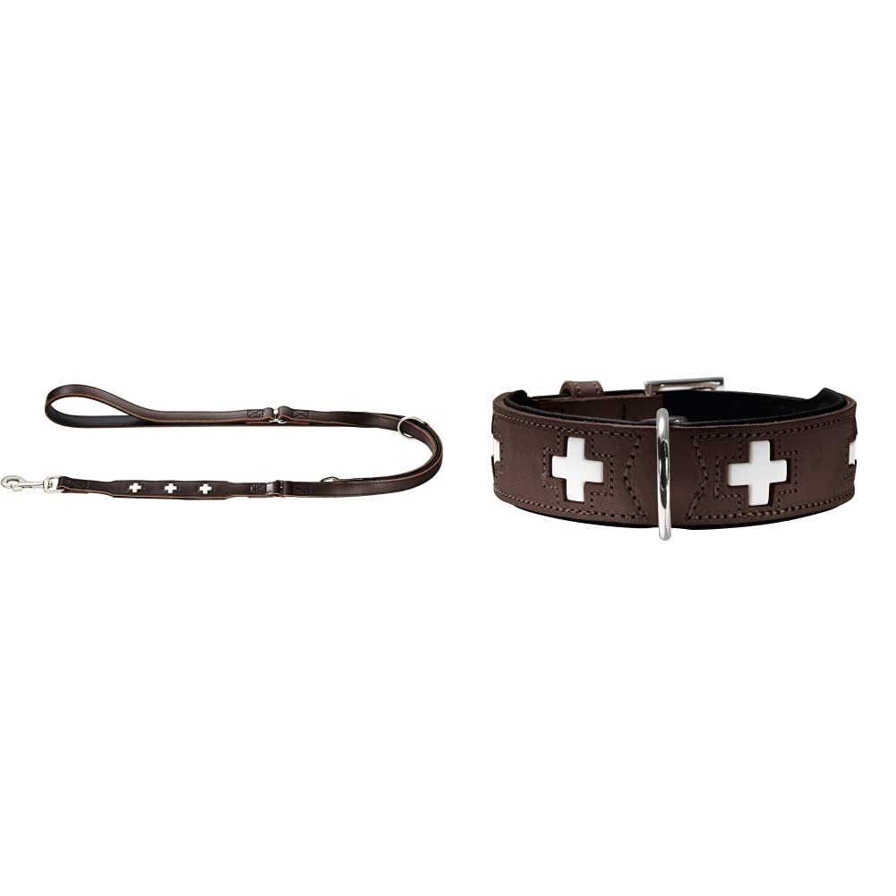 HUNTER Swiss Verstellbare Führleine für Hunde, Leder, hochwertig, Schweizer Kreuz, 1,8 x 200 cm, braun & Swiss Hundehalsband, Leder, hochwertig, Schweizer Kreuz, 60 (M-L), braun/schwarz