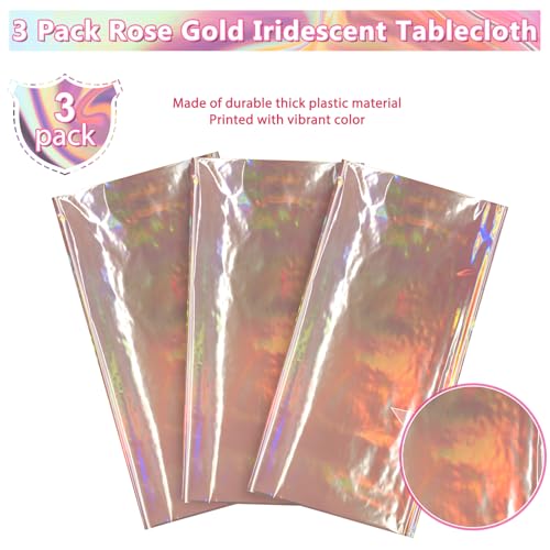 Image of 3 Pack Rose Gold Plastic Tablecloth, Disposable Rectangle Table Covers, Holographic Metallic Foil Tablecloth Pink Party Supplies Decorations for Birthday Wedding Anniversary Bridal Shower, 54x108Inch