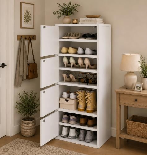 Image of 4-Door Engineered Wood Shoe Rack, 11-Tier Wooden Shoe Rack for Entryway, Shoe Storage Cabinet with Doors Adjustable Shelves, Wooden Shoes Rack Organizer - NEW (White, 9 - Layer)