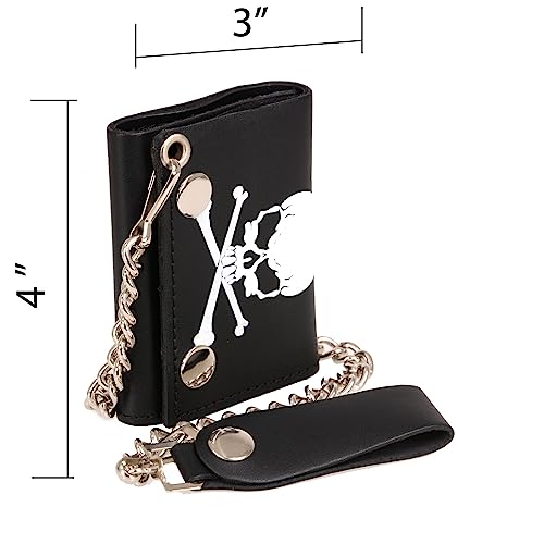 Milwaukee Leather MLW7835 Men's 4” Black Leather Biker Wallet w/Skull Cross Bones -Tri-Fold Anti-Theft Stainless Steel Chain - One Size4