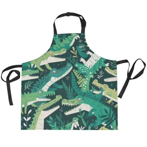 Tablier peinture crocodiles verts style jungle tropicale en bavette pour cuisine enfant et homme