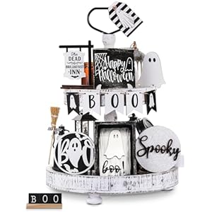 19 Pcs Tiered Tray Decor – Cute Ghost Tray, Wooden Signs, Bead Garland – Farmhouse Rustic Halloween Decorations for Home Table Party Supplies