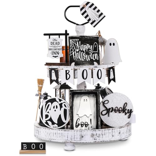 Wonderjune 19 Pcs Tiered Tray Decor - Cute Ghost Tray, Wooden Signs, Bead Garland - Farmhouse Rustic Halloween Decorations for Home Table Party Supplies