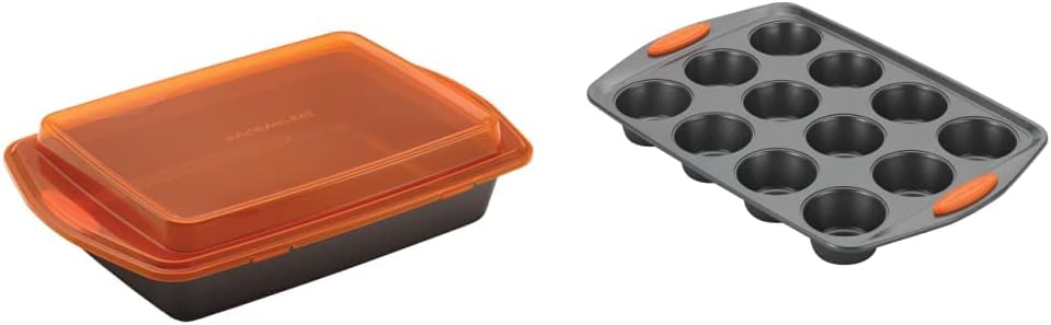 Rachael Ray Nonstick Bakeware - Rectangle 9x13 Inch, Gray & Yum -o Nonstick 12-Cup Muffin Tin With Grips / Cupcake Tin - 12 Cup